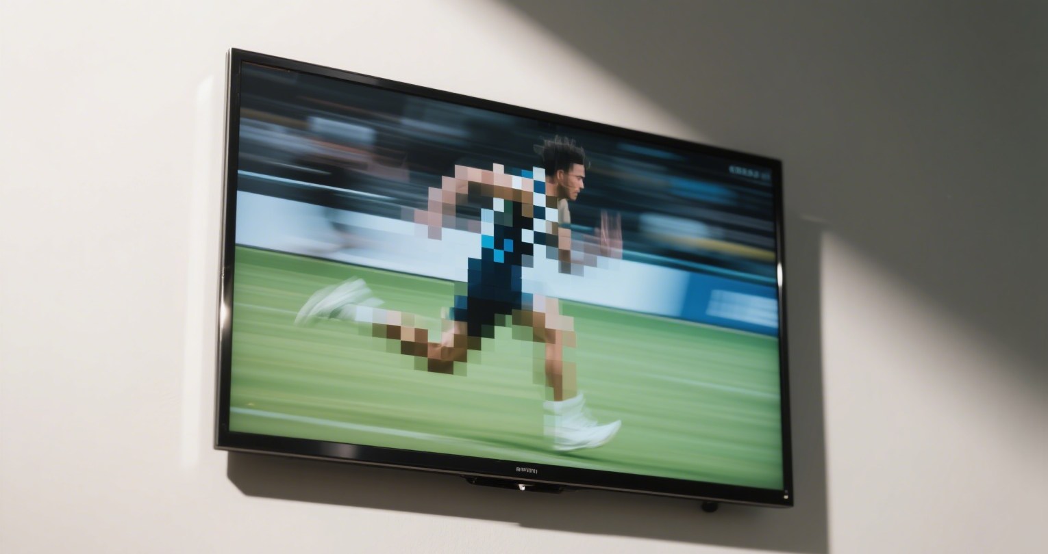 A digital television showing a pixelated and distorted image caused by weak antenna signal.